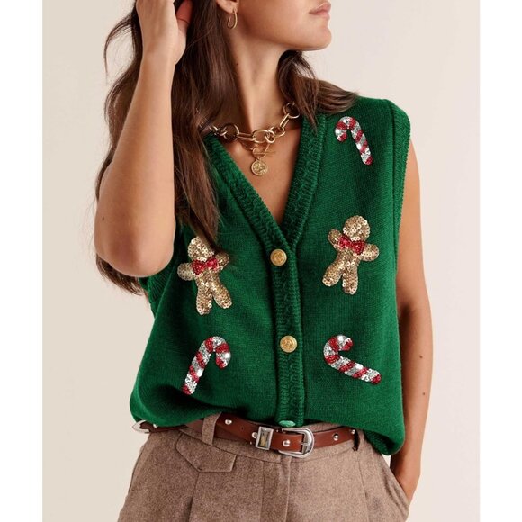 Women's Christmas Sweater Vests Santa Claus Print Sleeveless Knit Cardigan Vest - Picture 2 of 5